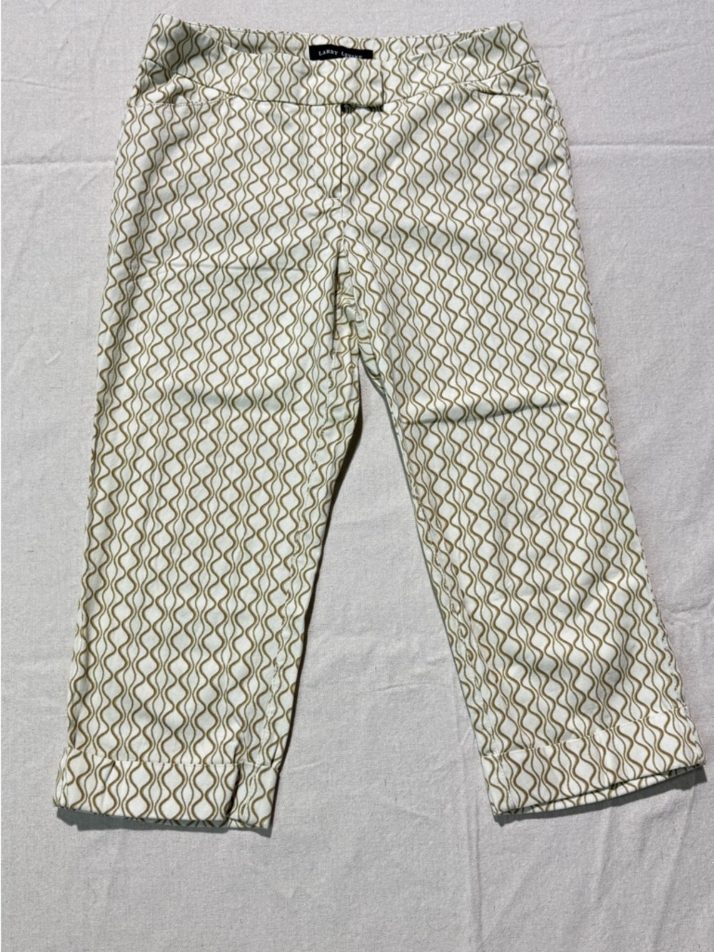 Larry Levine Cream Pants with Olive Wave Motif
